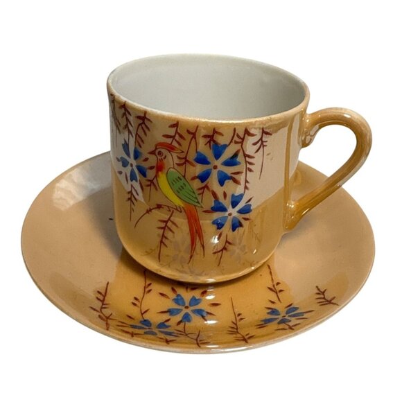 Lusterware Tea Cup & Saucer Japan Hand Painted Parrot Bird Blue Floral Orange - Picture 1 of 10